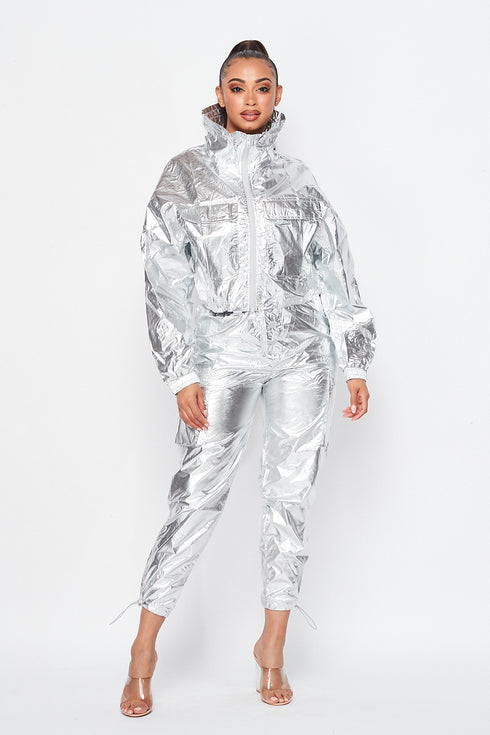 Metallic Pullover Tracksuit Pants Set - Silver - SohoGirl.com